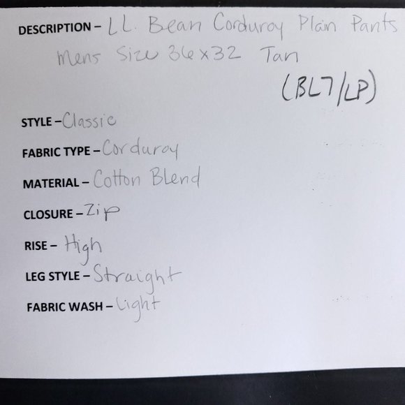 L.L Bean Corduroy Plain Pants Mens Size 36x32 Tan High Rise - Picture 7 of 7